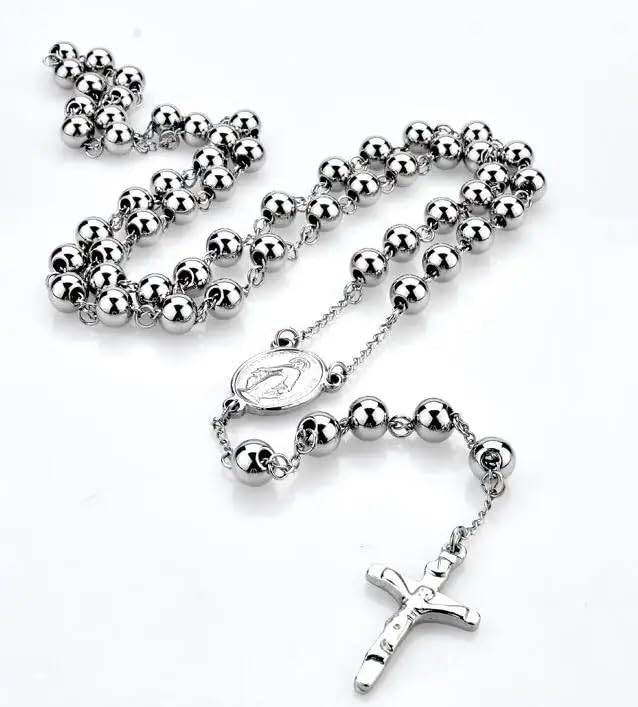 Habibi Jewels Collana Rosario in Acciaio da Uomo Donna Silver Argentata Grani Perline 6 mm Medaglietta Madonnina e Ciondolo Croce Idea Regalo Compleanno Laurea Onomastico Comunione