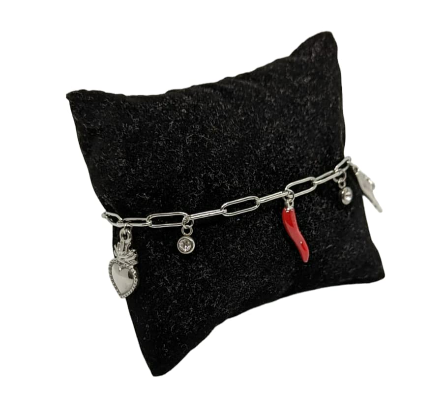 Habibi Jewels Bracciale in Acciaio da Donna con Sacro Cuore Corna Cornetto Portafortuna Braccialetto Scaramantico Chiusura Moschettone Cuore Compleanno Laurea Onomastico Festa della Mamma
