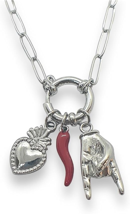 Habibi Jewels Collana da Donna in Acciaio Corno Sacro Cuore Mano Corna Catena Silver Modello Portafortuna Chiusura a Timone Idea Regalo Ragazza Compleanno Festa della Mamma Natale