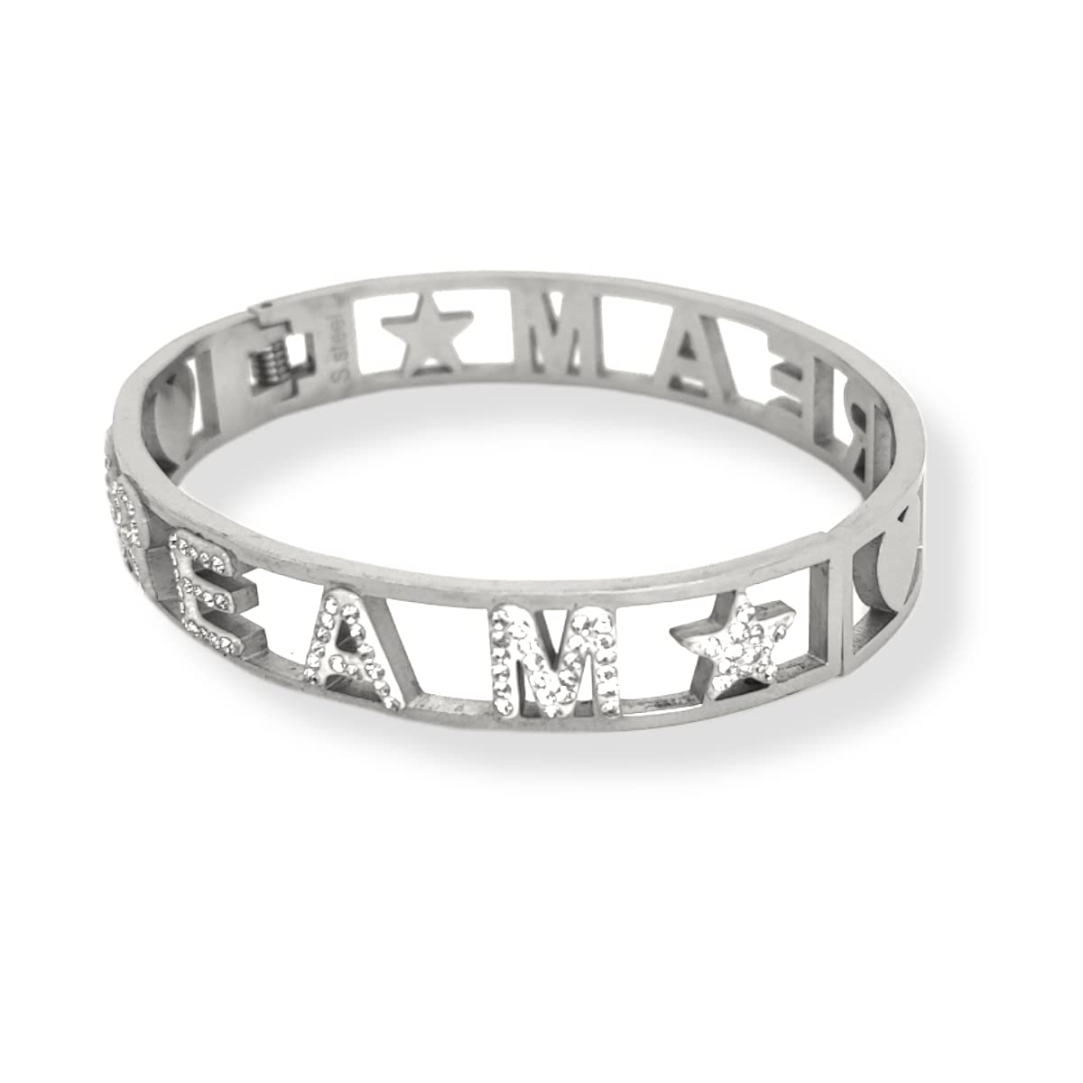 Habibi Jewels Bracciale Scritta Donna Acciaio Modello Rigido DREAM Sogno e Zirconi Bianchi Braccialetto Chiusura a Manetta Bracelet for woman Regalo Festa della Mamma Laurea Compleanno