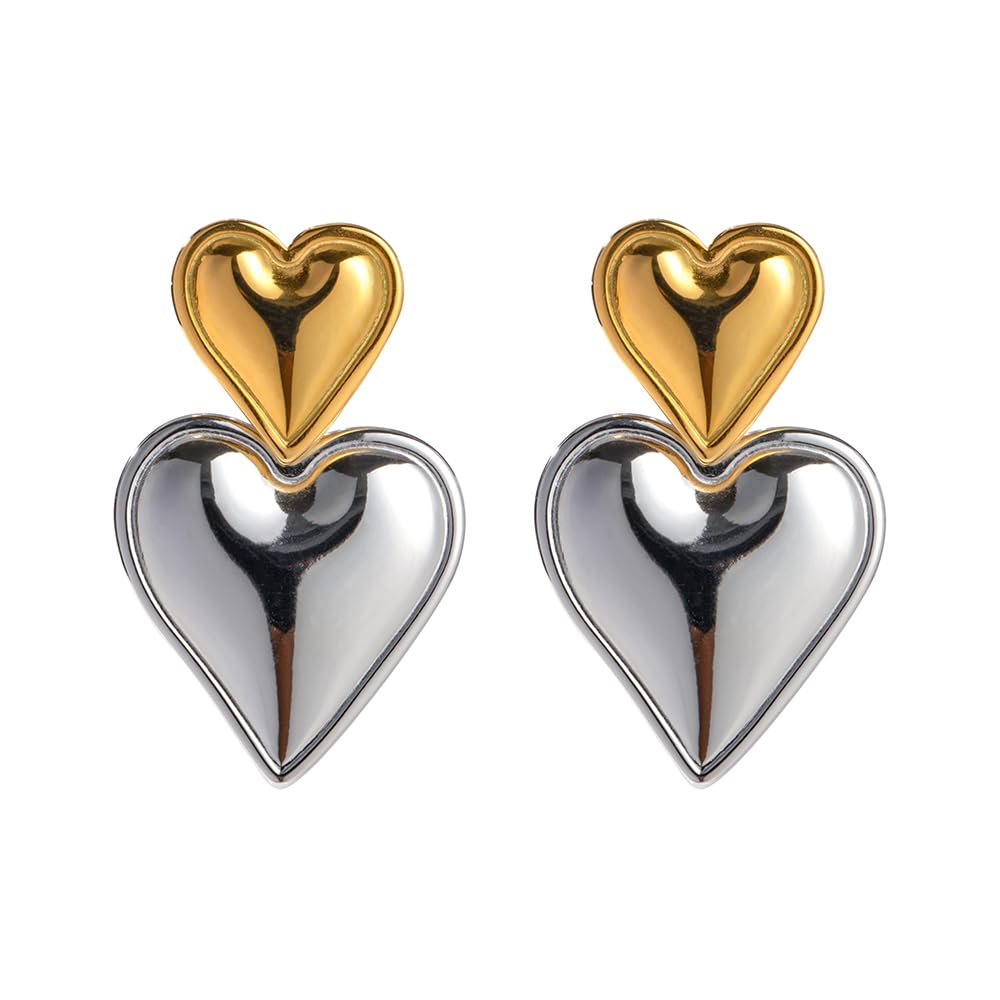 Habibi Jewels Orecchini da Donna Doppio Cuore Pendente Colore Gold e Silver in Acciaio Inossidabile modello Bicolore Anallergico Idea Regalo Compleanno Laurea Festa