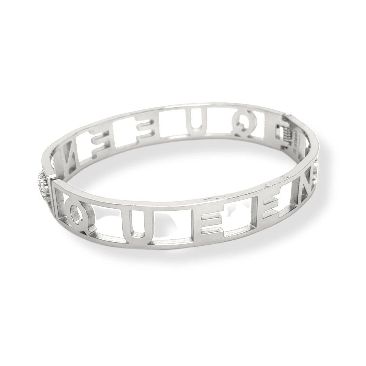 Habibi Jewels Bracciale Scritta Donna Acciaio Modello Rigido QUEEN Regina e Zirconi Bianchi Braccialetto Bracelet for woman Chiusura a Manetta Regalo Festa della Mamma Laurea Compleanno