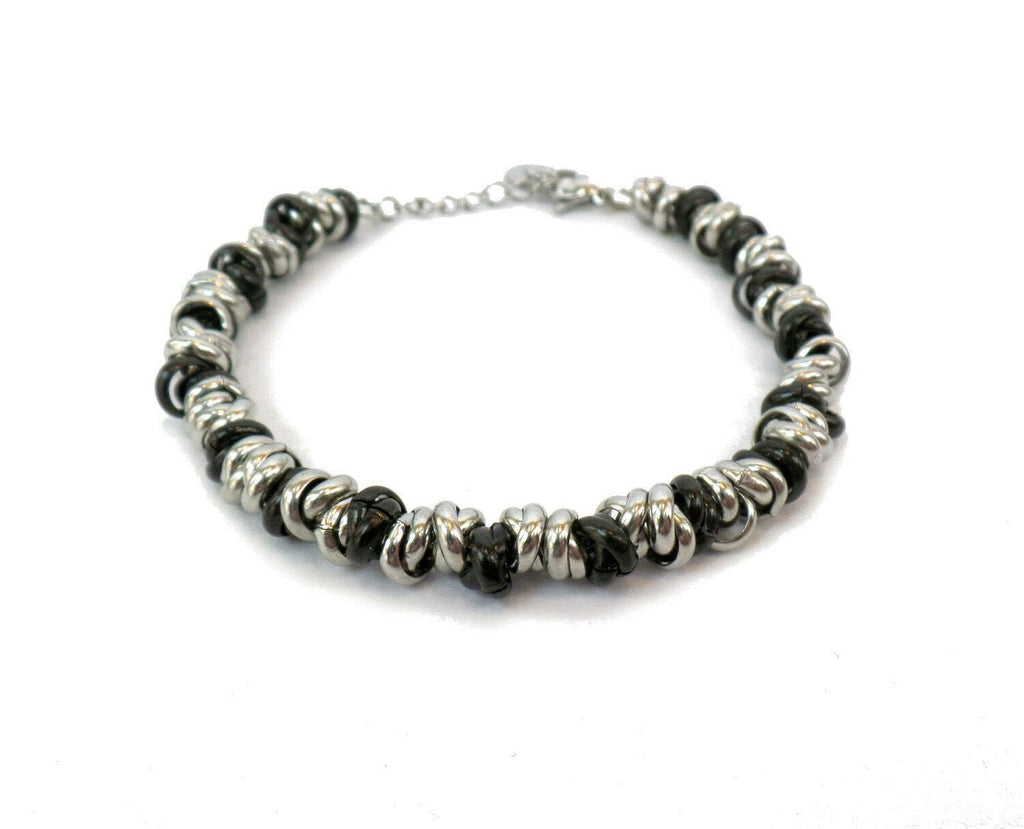 Bracciale Cerchietti Donna in Acciaio con Nodini Intrecciati Acciaio e Nero Chiusura a Moschettone Braccialetto Bracelet for Woman Idea Regalo Festa della Mamma Festa della Donna Compleanno Laurea