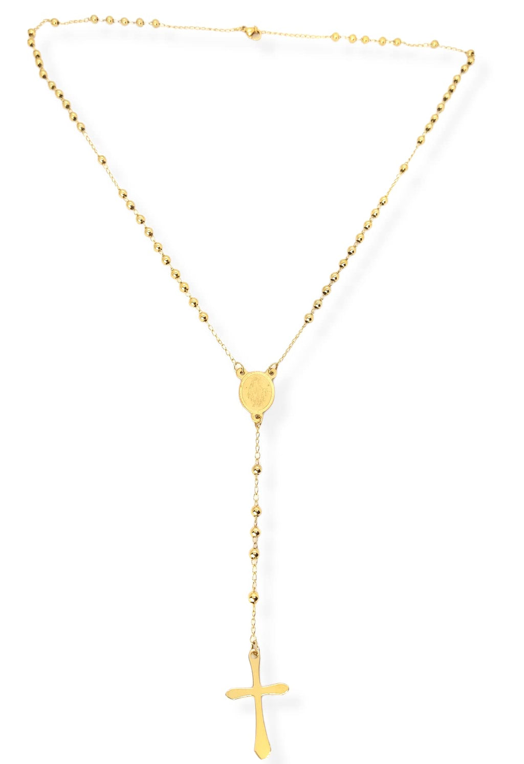 Habibi Jewels Collana Rosario in Acciaio da Uomo Donna Oro Giallo Dorata Grani Perline 4 mm Dorata Medaglietta Madonnina e Ciondolo Croce Idea Regalo Compleanno Laurea Onomastico Comunione
