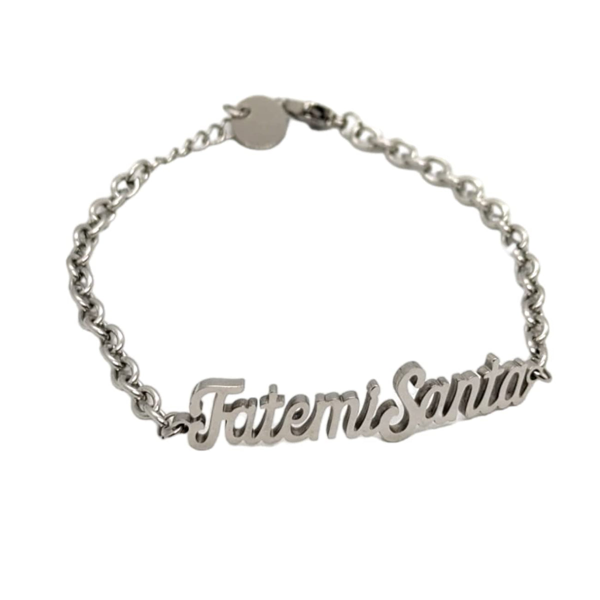 Habibi Jewels Bracciale in Acciaio da Donna con scritta FATEMI SANTA Silver Catena a Maglie Braccialetto Chiusura Moschettone Compleanno Laurea Onomastico Festa della Mamma Festa della Donna