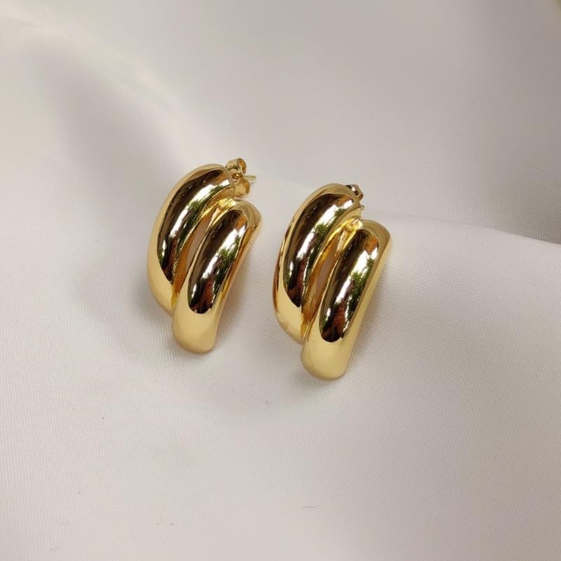 Habibi Jewels Orecchini da Donna Doppio Semicerchio Gold in Acciaio Inossidabile modello Asimmetrico Anallergico Chiusura a Farfallina Idea Regalo Compleanno Laurea Festa