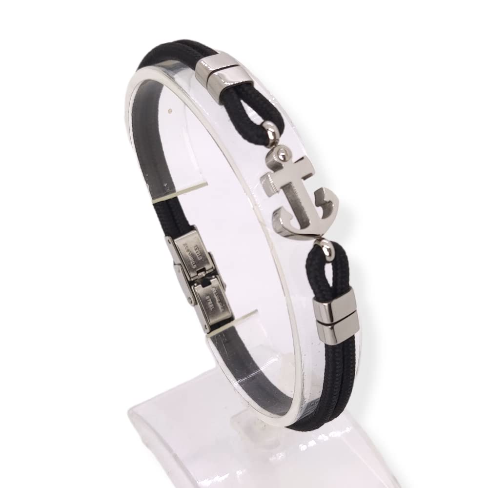 Habibi Jewels Bracciale Ancora Uomo in Acciaio e Nero con Chiusura ad Incastro Braccialetto Idea Regalo Festa del Papà Compleanno Laurea