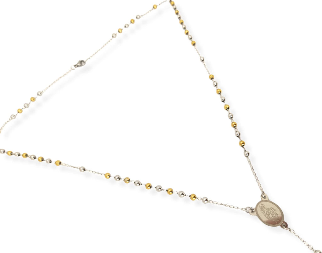 Habibi Jewels Collana Rosario in Acciaio da Uomo Donna Silver e Gold Grani Perline 4 mm Dorata Medaglietta Madonnina e Ciondolo Croce Idea Regalo Compleanno Laurea Onomastico Comunione