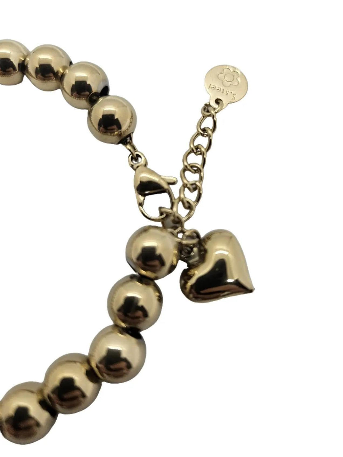 Habibi Jewels Bracciale Sfere e Cuore Sonaglio in Acciaio Gold Dorato 8 mm da Donna - Palline in Acciaio - Idea Regalo Ragazza Compleanno Festa della Mamma Natale