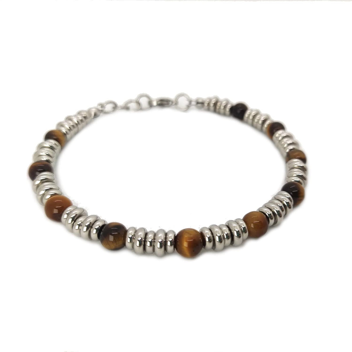 Bracciale da Uomo in Acciaio con Pietre Dure Occhio di Tigre 6 mm, dischetti in Acciaio Chiusura a Moschettone Lunghezza Regolabile Finitura Lucida Lavorazione Artigianale Fatto a Mano Made in Italy