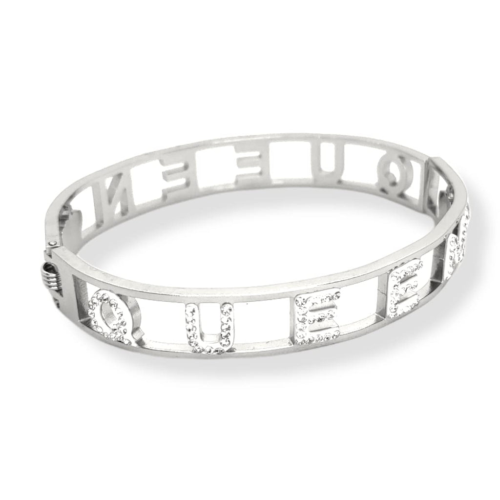 Habibi Jewels Bracciale Scritta Donna Acciaio Modello Rigido QUEEN Regina e Zirconi Bianchi Braccialetto Bracelet for woman Chiusura a Manetta Regalo Festa della Mamma Laurea Compleanno