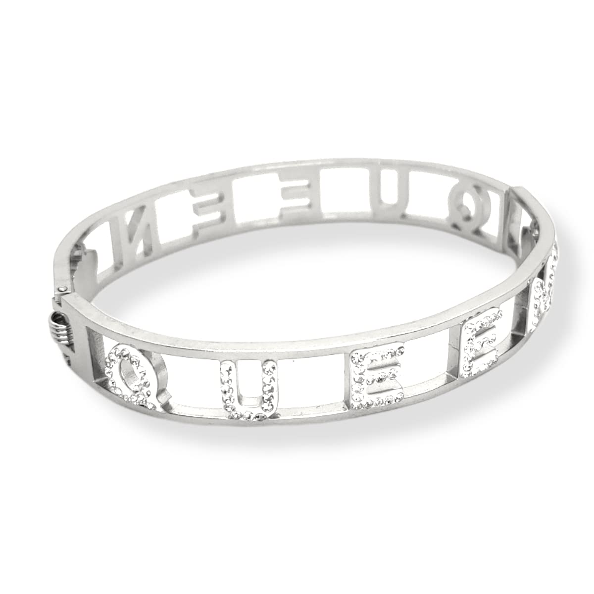 Habibi Jewels Bracciale Scritta Donna Acciaio Modello Rigido QUEEN Regina e Zirconi Bianchi Braccialetto Bracelet for woman Chiusura a Manetta Regalo Festa della Mamma Laurea Compleanno