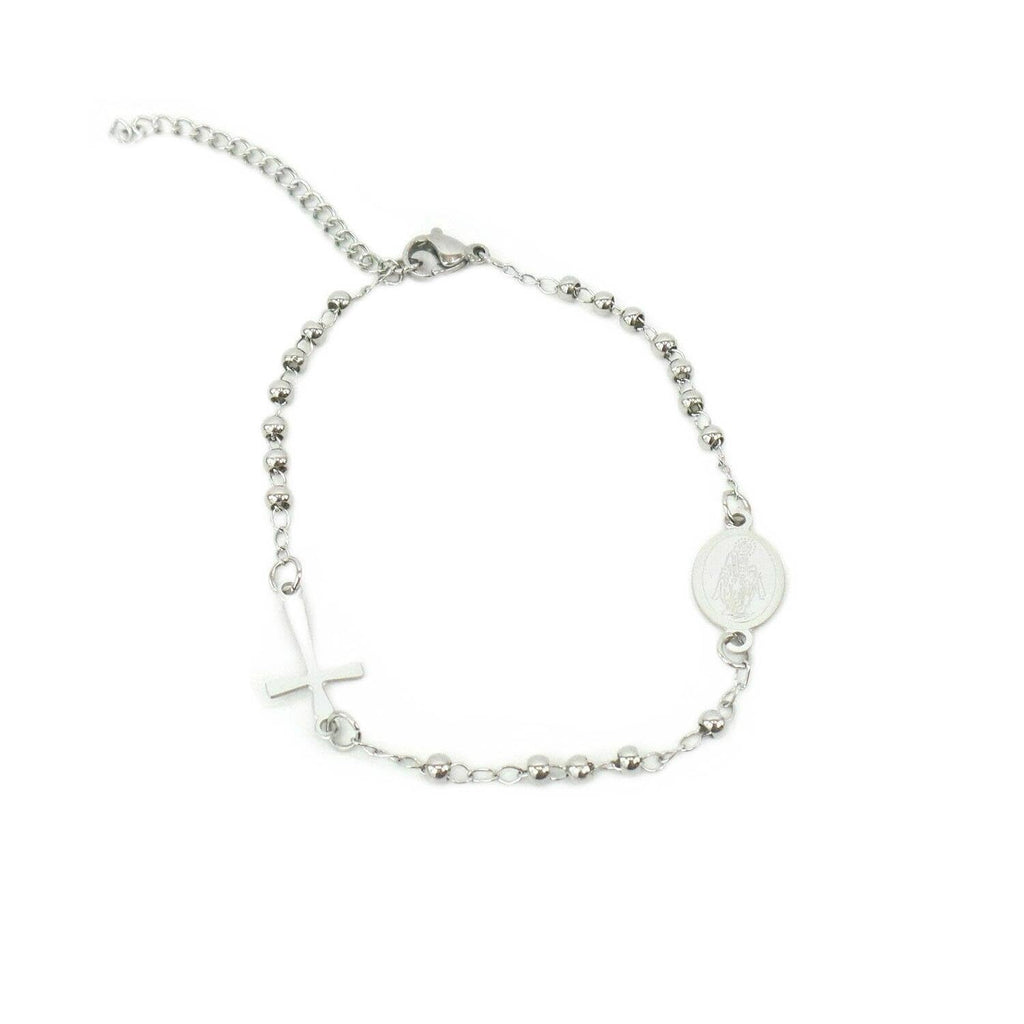Habibi Jewels Bracciale da Uomo Donna in Acciaio Modello Rosario con Croce e Medaglietta Braccialetto Compleanno Comunione Amicizia Amore Idea Regalo
