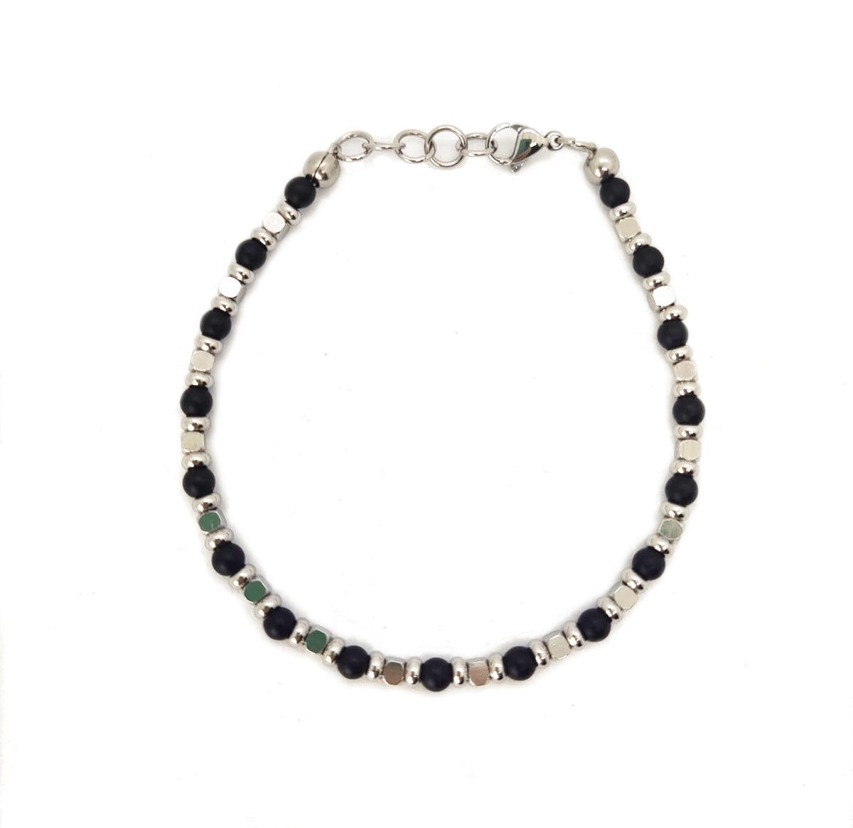 Bracciale da Uomo in Acciaio con Pietre Dure Onice Opaca Satinata 4 mm Dischi e Cubi in Acciaio Chiusura a Moschettone Regolabile Finitura Lucida Lavorazione Artigianale Fatto a Mano Made in Italy