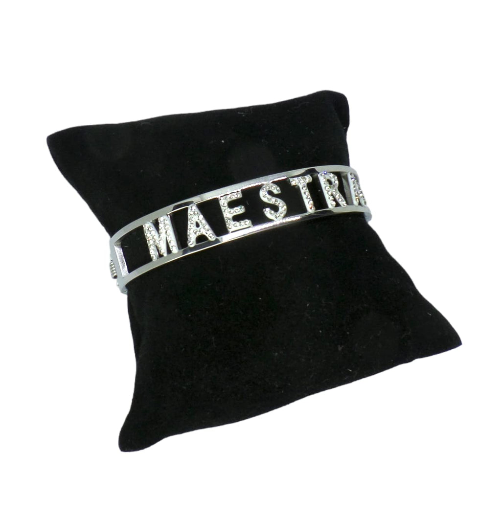 Habibi Jewels Bracciale MAESTRA in Acciaio Modello Rigido da Donna con Scritta Zirconi Bianchi Braccialetto Chiusura a Manetta Bracelet Woman Idea Regalo Insegnante Scuola Compleanno Laurea Amicizia