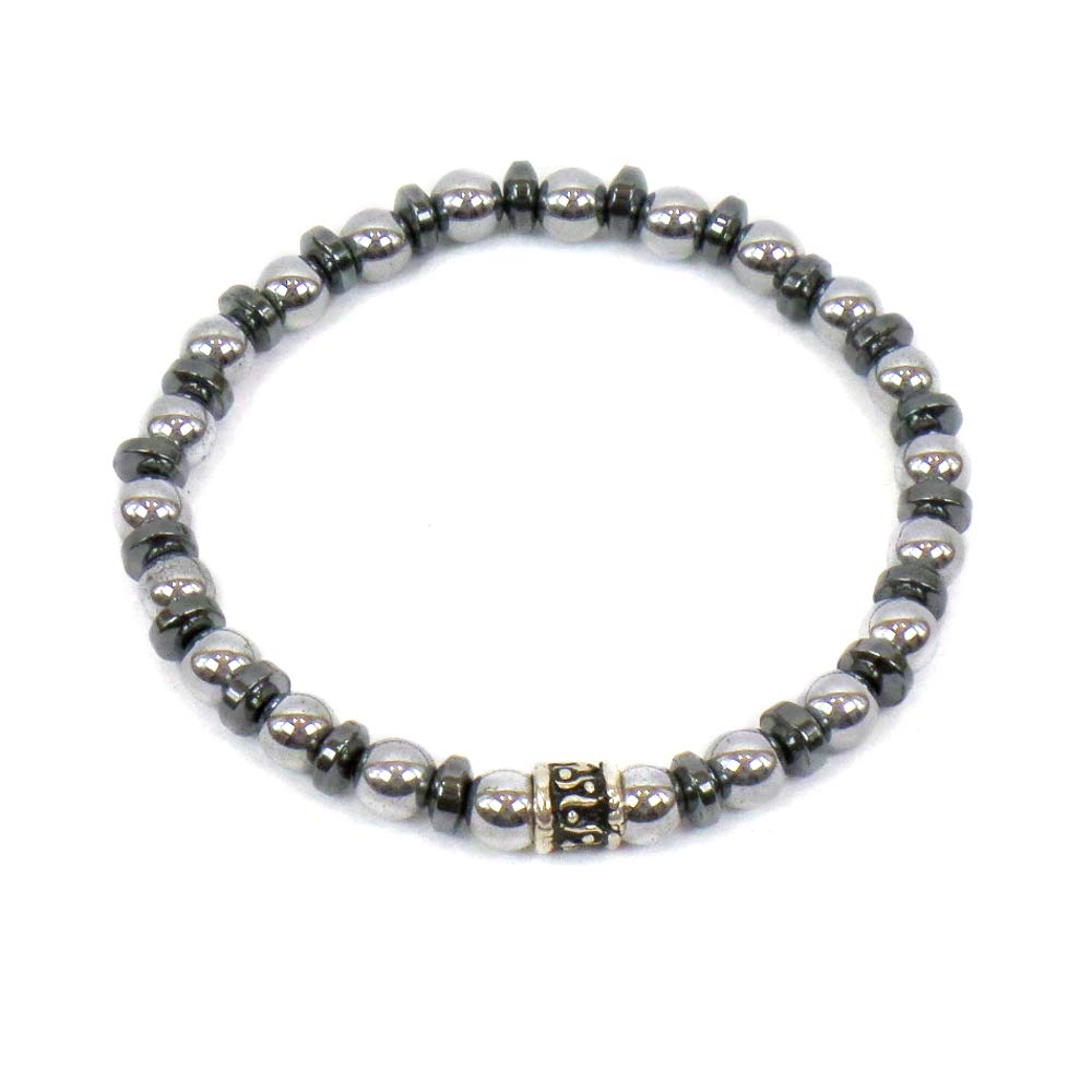 Bracciale Elastico con pietre dure naturali Ematite Silver 6 mm, dischetti Ematite Grigia ed elemento centrale in argento 925 per Uomo Donna Made in Italy artigianale Fatto a mano