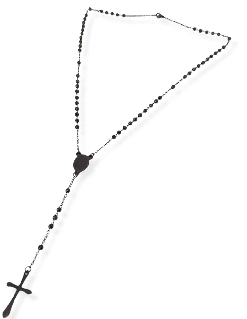 Habibi Jewels Collana Rosario in Acciaio da Uomo Donna Nera Grani Perline 4 mm Medaglietta Madonnina e Ciondolo Croce Idea Regalo Compleanno Laurea Onomastico Comunione