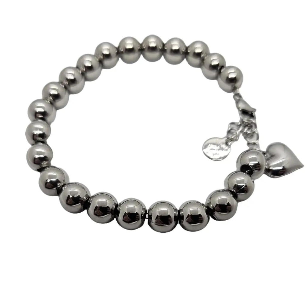 Habibi Jewels Bracciale Sfere e Cuore Sonaglio in Acciaio Silver Argentato 8 mm da Donna - Palline in Acciaio - Idea Regalo Ragazza Compleanno Festa della Mamma Natale