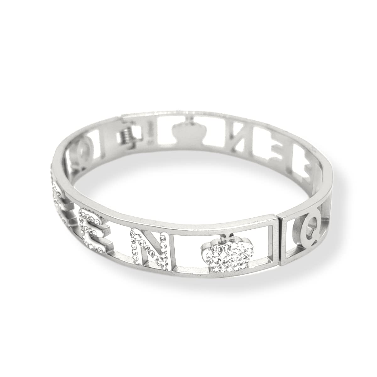 Habibi Jewels Bracciale Scritta Donna Acciaio Modello Rigido QUEEN Regina e Zirconi Bianchi Braccialetto Bracelet for woman Chiusura a Manetta Regalo Festa della Mamma Laurea Compleanno