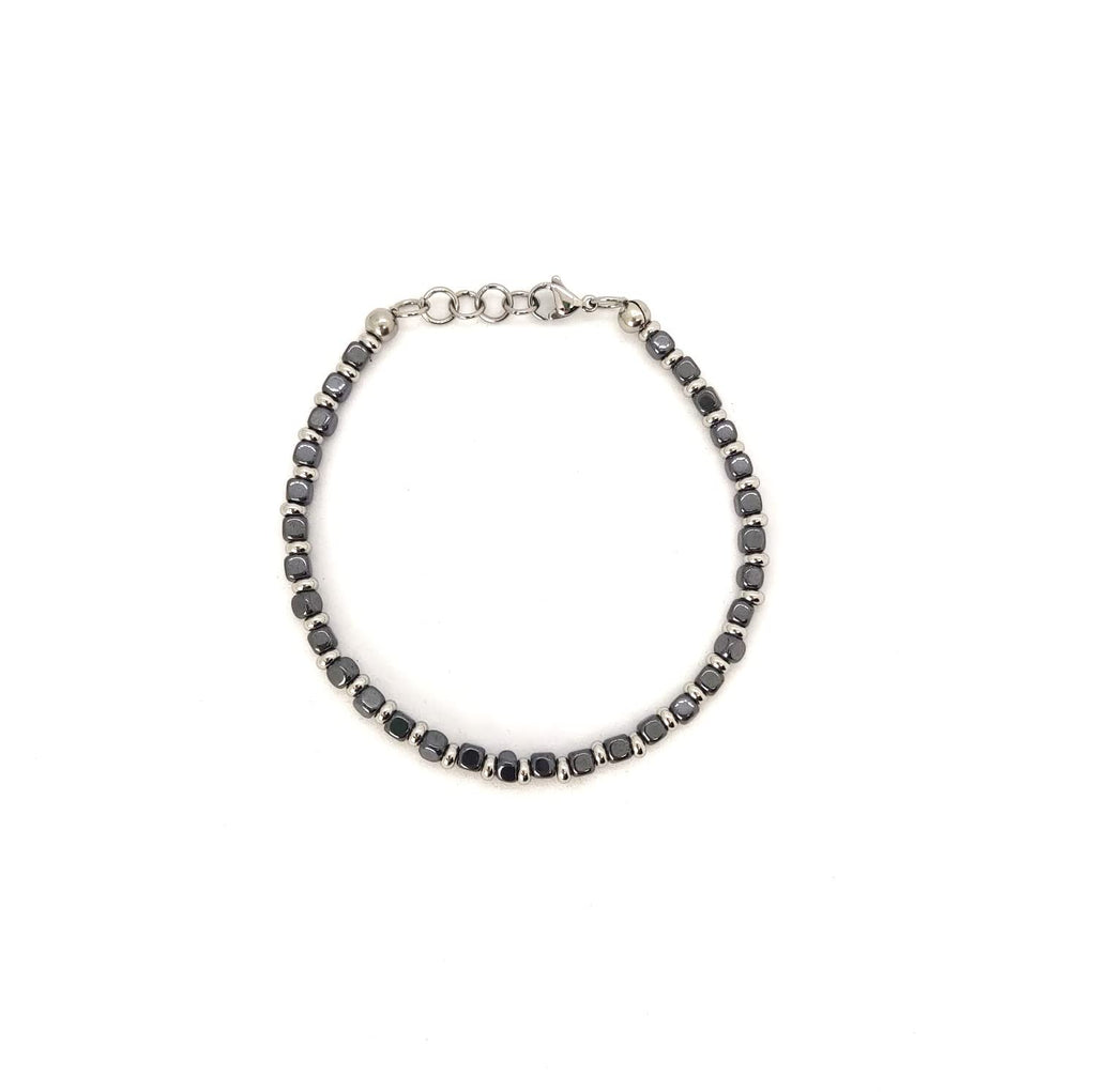 Bracciale da Uomo in Acciaio con Pietre Dure Cubi Ematite Dischetti in Acciaio Chiusura a Moschettone Lunghezza Regolabile Finitura Lucida Lavorazione Artigianale Fatto a Mano Made in Italy