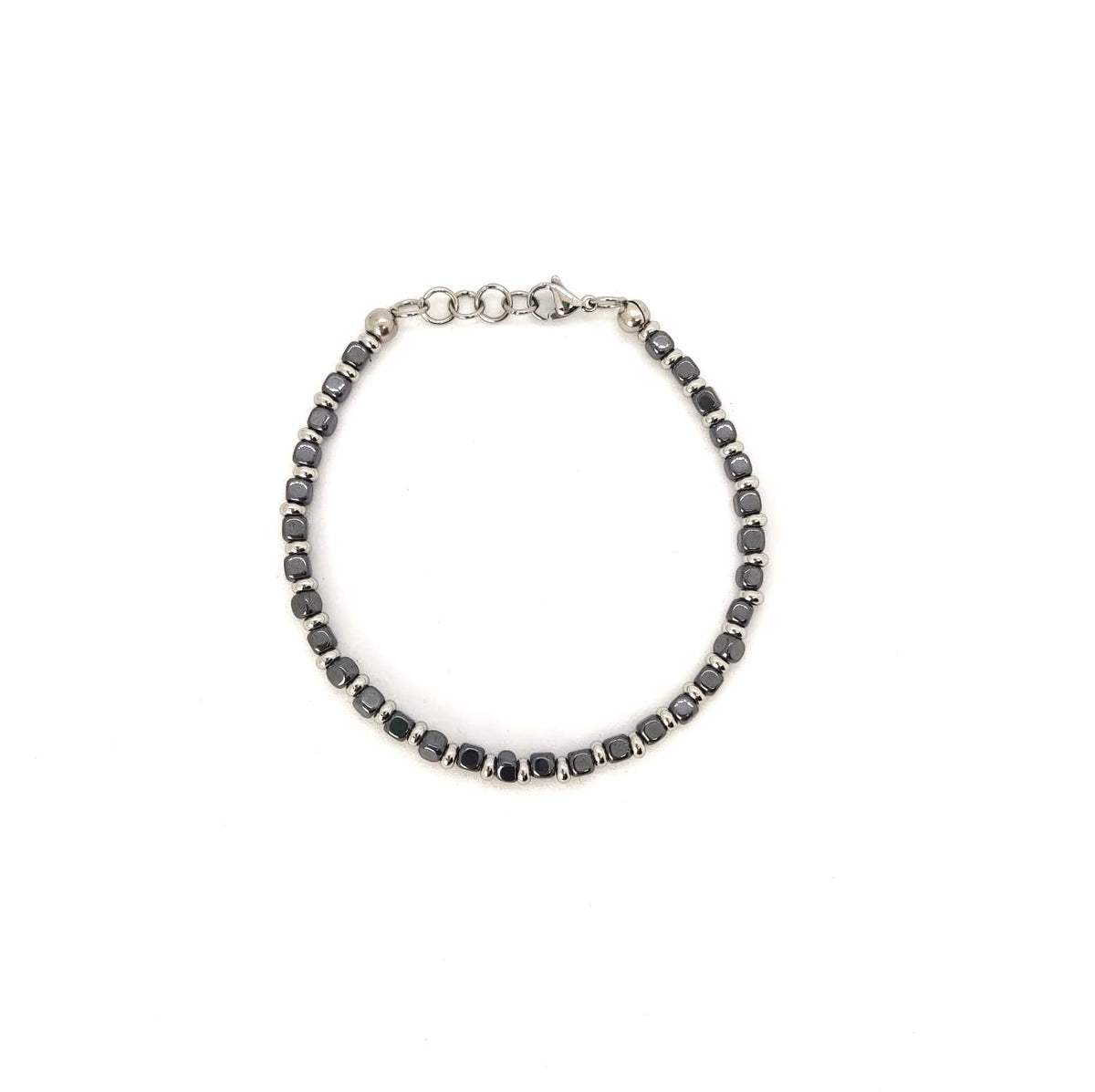 Bracciale da Uomo in Acciaio con Pietre Dure Cubi Ematite Dischetti in Acciaio Chiusura a Moschettone Lunghezza Regolabile Finitura Lucida Lavorazione Artigianale Fatto a Mano Made in Italy