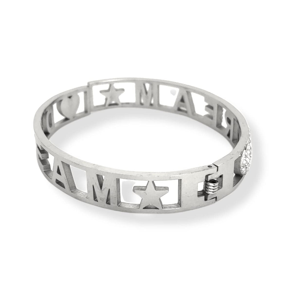 Habibi Jewels Bracciale Scritta Donna Acciaio Modello Rigido DREAM Sogno e Zirconi Bianchi Braccialetto Chiusura a Manetta Bracelet for woman Regalo Festa della Mamma Laurea Compleanno