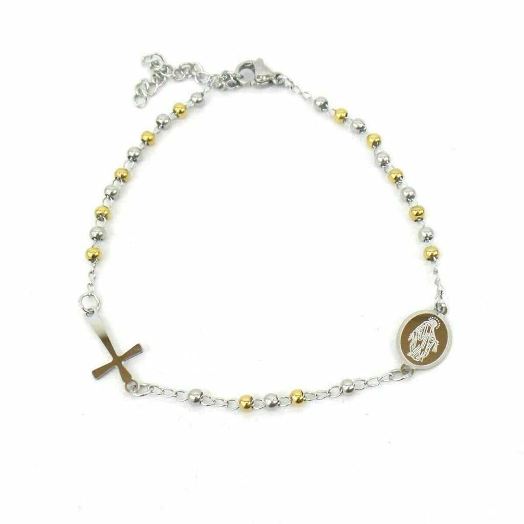 Habibi Jewels Bracciale Rosario in Acciaio colore Acciaio e Giallo da Uomo Donna con Croce e Medaglietta Braccialetto Unisex