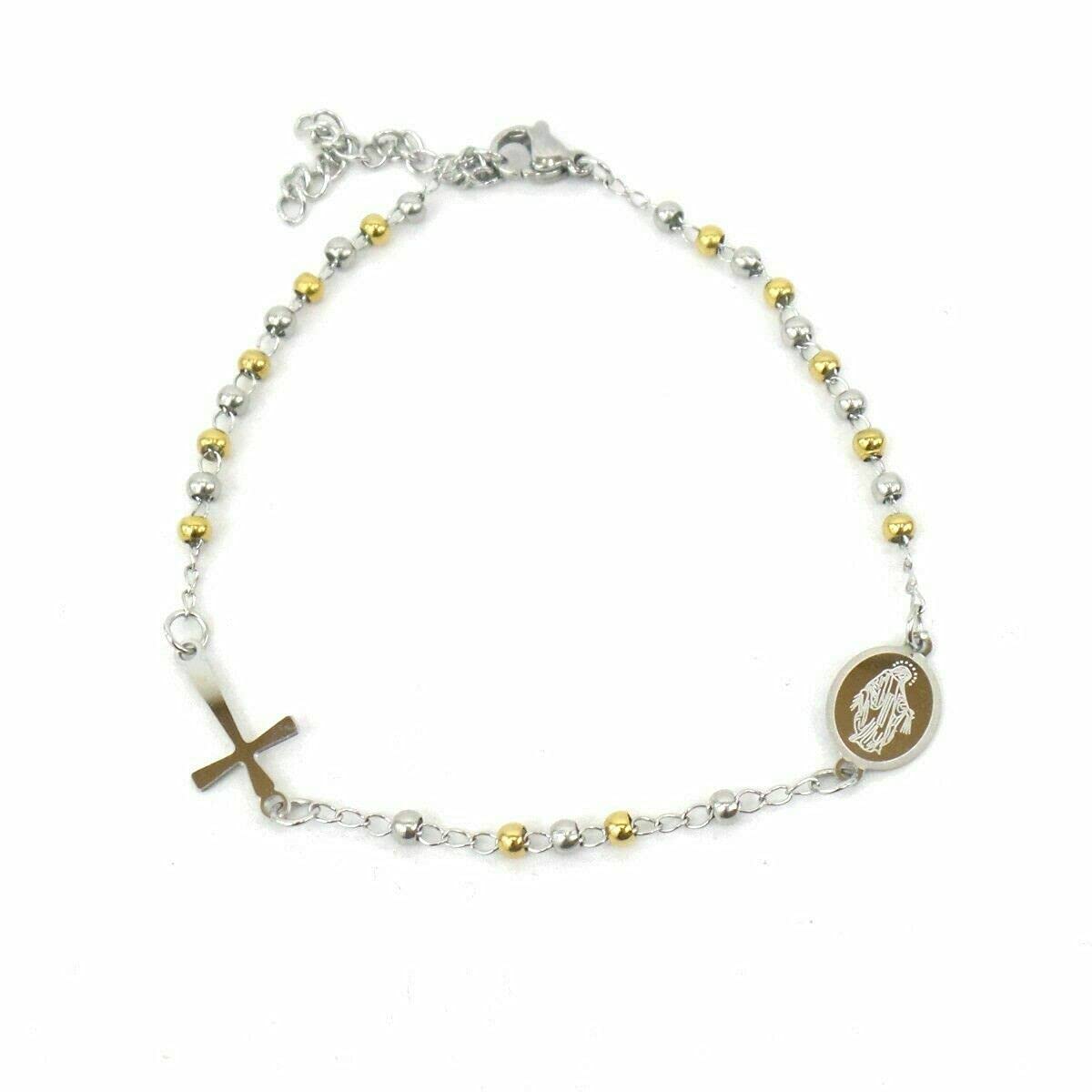 Habibi Jewels Bracciale Rosario in Acciaio colore Acciaio e Giallo da Uomo Donna con Croce e Medaglietta Braccialetto Unisex