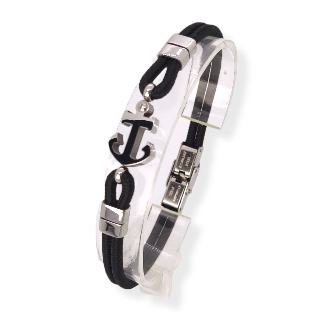 Habibi Jewels Bracciale Ancora Uomo in Acciaio e Nero con Chiusura ad Incastro Braccialetto Idea Regalo Festa del Papà Compleanno Laurea