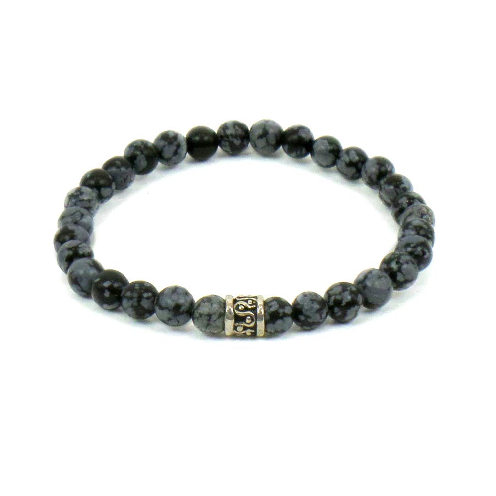 Bracciale Elastico con pietre dure naturali Ossidiana Fiocco di Neve 6 mm ed elemento centrale in argento 925 per Uomo Donna Made in Italy artigianale Fatto a mano