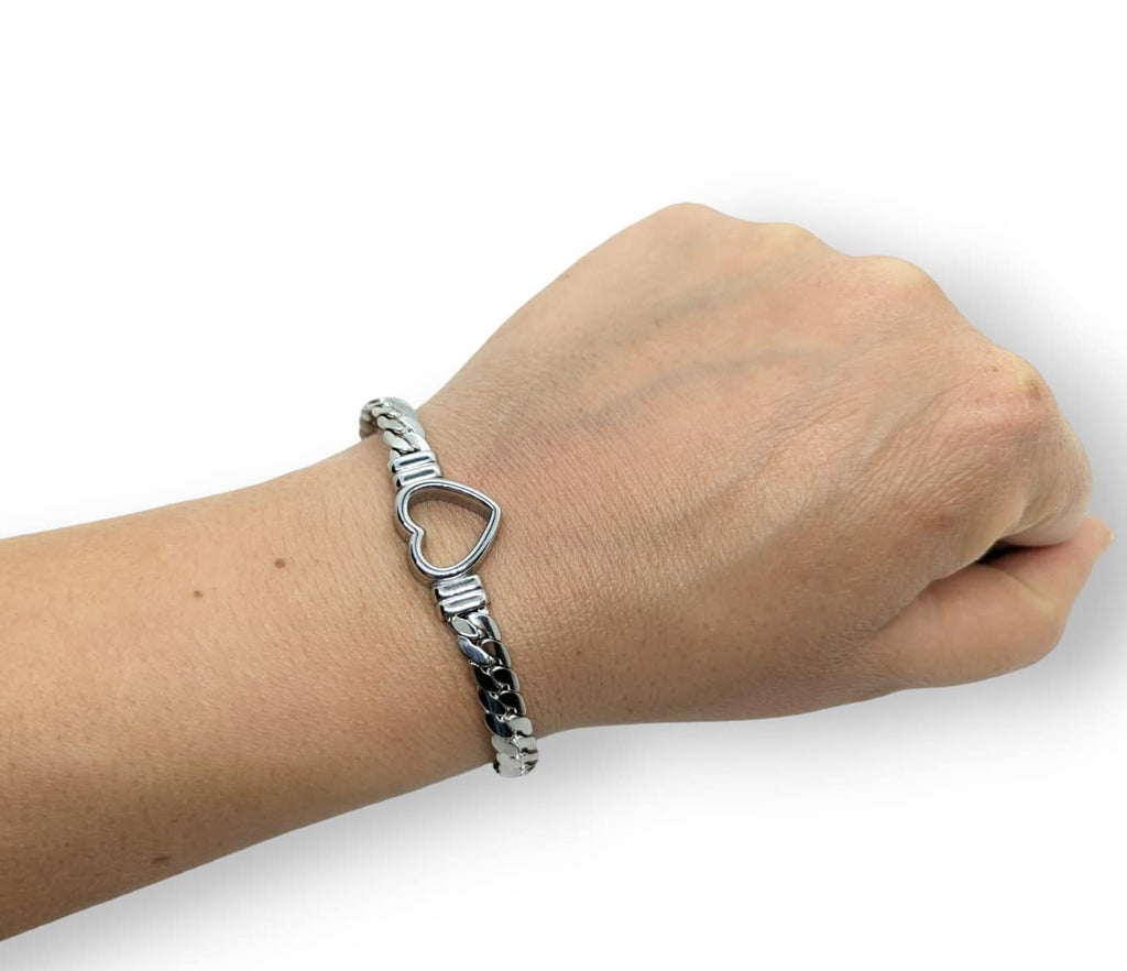 Habibi Jewels Bracciale da Donna in Acciaio con Cuore Centrale Silver Catena a Maglia Cubana Regolabile Braccialetto Idea Regalo Festa della Mamma Compleanno Onomastico Natale
