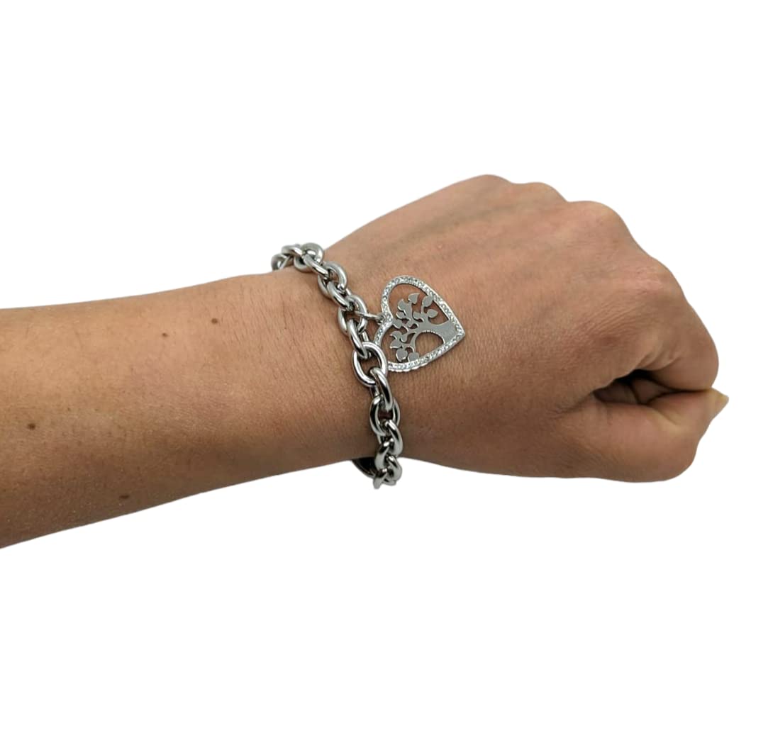 Bracciale da Donna in Acciaio con Cuore Albero della Vita Zirconi Brillantini Catena a Maglia Larga Braccialetto Compleanno Laurea Onomastico Festa della Mamma Festa della Donna Amicizia