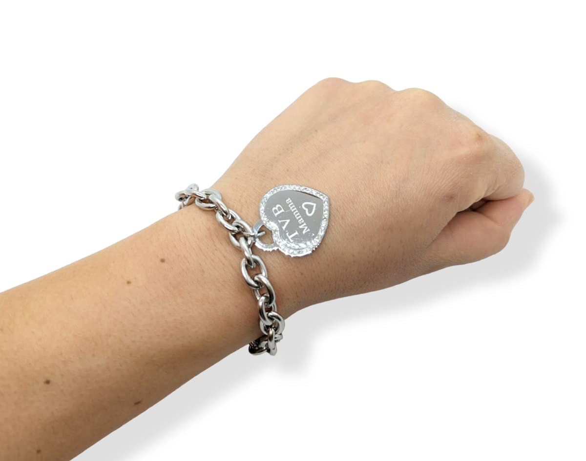 Bracciale da donna in Acciaio con Cuore Scritta Frase TVB MAMMA con Zirconi Catena a Maglia Larga Braccialetto Ti Voglio Bene Compleanno Laurea Onomastico Festa della Mamma Festa della Donna