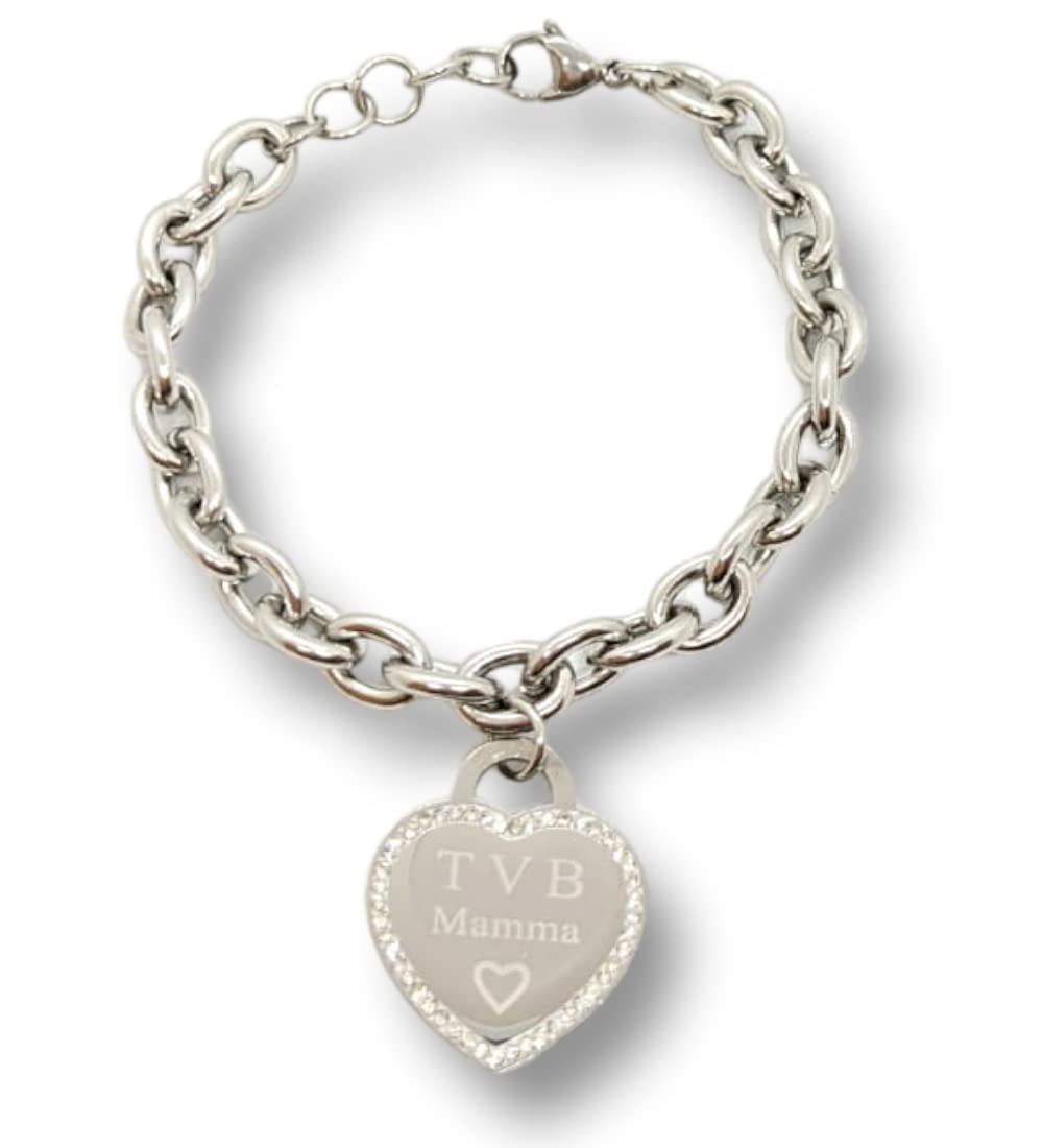 Bracciale da donna in Acciaio con Cuore Scritta Frase TVB MAMMA con Zirconi Catena a Maglia Larga Braccialetto Ti Voglio Bene Compleanno Laurea Onomastico Festa della Mamma Festa della Donna