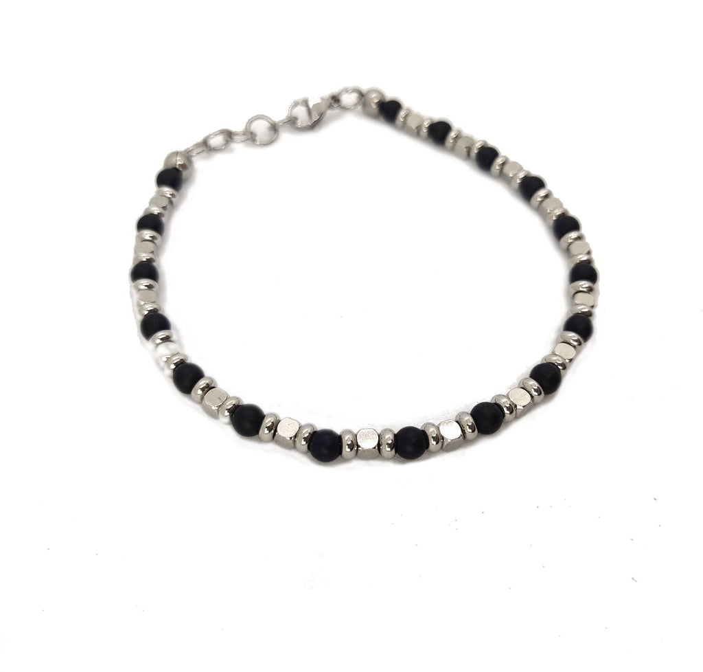 Bracciale da Uomo in Acciaio con Pietre Dure Onice Opaca Satinata 4 mm Dischi e Cubi in Acciaio Chiusura a Moschettone Regolabile Finitura Lucida Lavorazione Artigianale Fatto a Mano Made in Italy