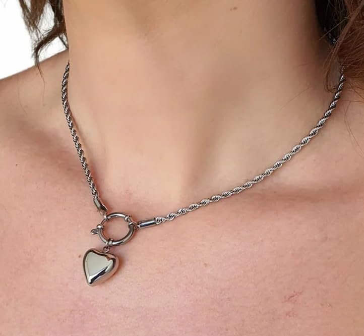 Generico Collana da Donna in Acciaio Torchon con Cuore Bombato Silver Chiusura a Timone Idea Regalo Ragazza Compleanno Festa della Mamma Natale
