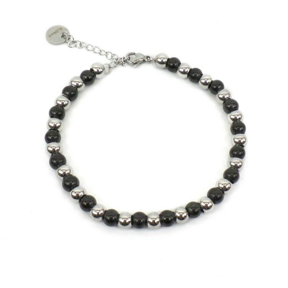 Habibi Jewels BRACCIALE UOMO DONNA SFERE 5 MM ACCIAIO INOSSIDABILE NERO E SILVER IDEA REGALO