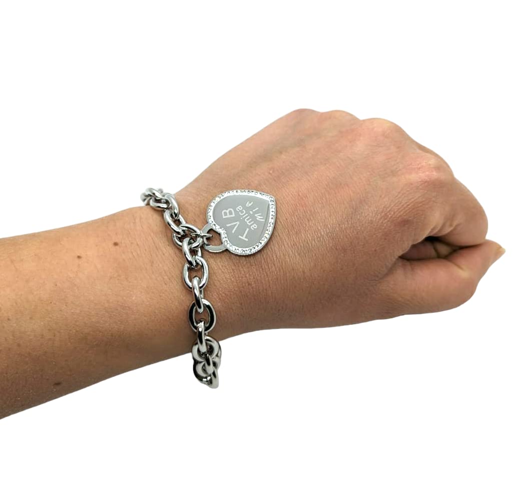 Habibi Jewels Bracciale da Donna in Acciaio con Cuore Scritta Frase TVB AMICA MIA Zirconi Catena a Maglia Larga Braccialetto Compleanno Laurea Onomastico Festa della Mamma Festa della Donna Amicizia