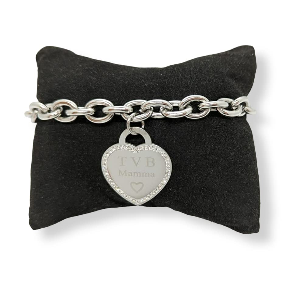 Bracciale da donna in Acciaio con Cuore Scritta Frase TVB MAMMA con Zirconi Catena a Maglia Larga Braccialetto Ti Voglio Bene Compleanno Laurea Onomastico Festa della Mamma Festa della Donna
