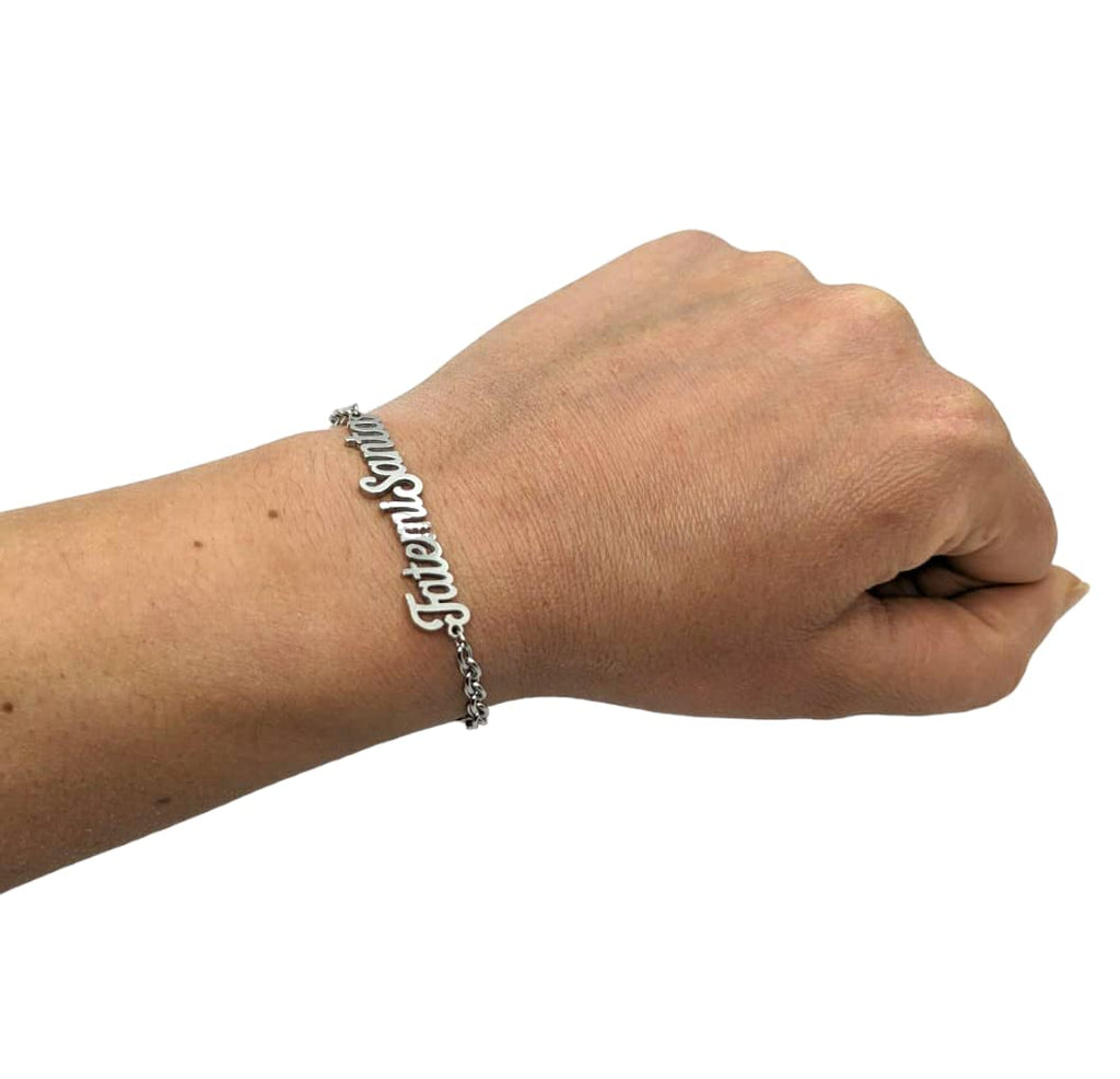 Habibi Jewels Bracciale in Acciaio da Donna con scritta FATEMI SANTA Silver Catena a Maglie Braccialetto Chiusura Moschettone Compleanno Laurea Onomastico Festa della Mamma Festa della Donna