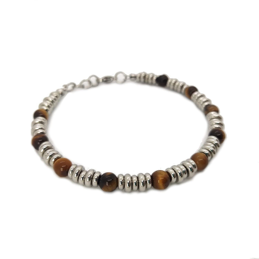 Bracciale da Uomo in Acciaio con Pietre Dure Occhio di Tigre 6 mm, dischetti in Acciaio Chiusura a Moschettone Lunghezza Regolabile Finitura Lucida Lavorazione Artigianale Fatto a Mano Made in Italy