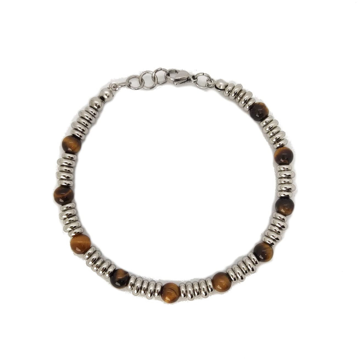 Bracciale da Uomo in Acciaio con Pietre Dure Occhio di Tigre 6 mm, dischetti in Acciaio Chiusura a Moschettone Lunghezza Regolabile Finitura Lucida Lavorazione Artigianale Fatto a Mano Made in Italy
