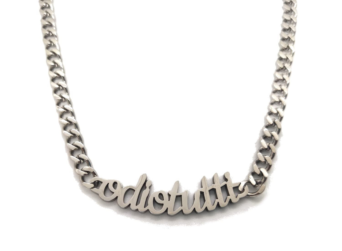 Habibi Jewels Collana in Acciaio da Donna con scritta ODIO TUTTI Silver a Maglia Larga Collanina Necklace for Woman Regalo Compleanno Laurea Onomastico Festa della Mamma