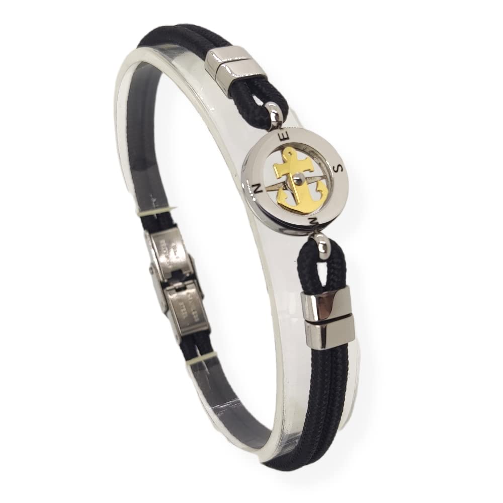 Habibi Jewels Bracciale Ancora Uomo in Acciaio e Cordino Nero con Centrale Dorata Chiusura ad Incastro Braccialetto Navy Idea Regalo Festa del Papà Compleanno Laurea