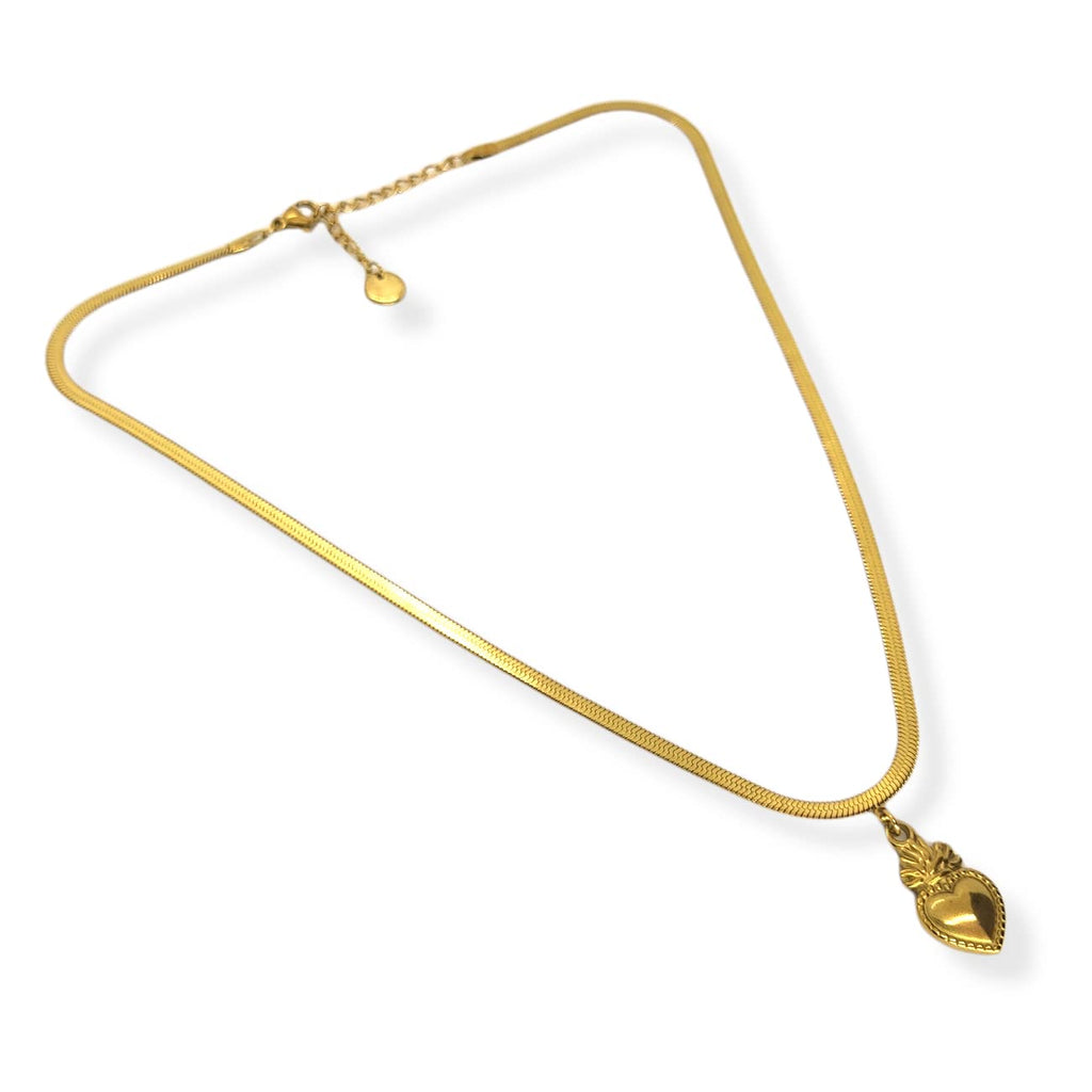 Habibi Jewels Collana da Donna in Acciaio Modello Piatto Snake Color Oro Giallo Dorata con Ciondolo Sacro Cuore Ex Voto Idea Regalo Compleanno Festa della Mamma Natale