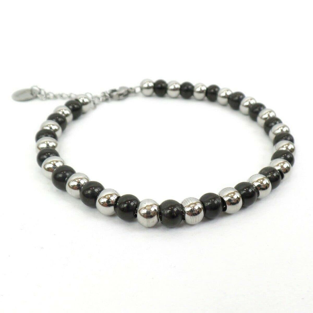 Habibi Jewels BRACCIALE UOMO DONNA SFERE 5 MM ACCIAIO INOSSIDABILE NERO E SILVER IDEA REGALO