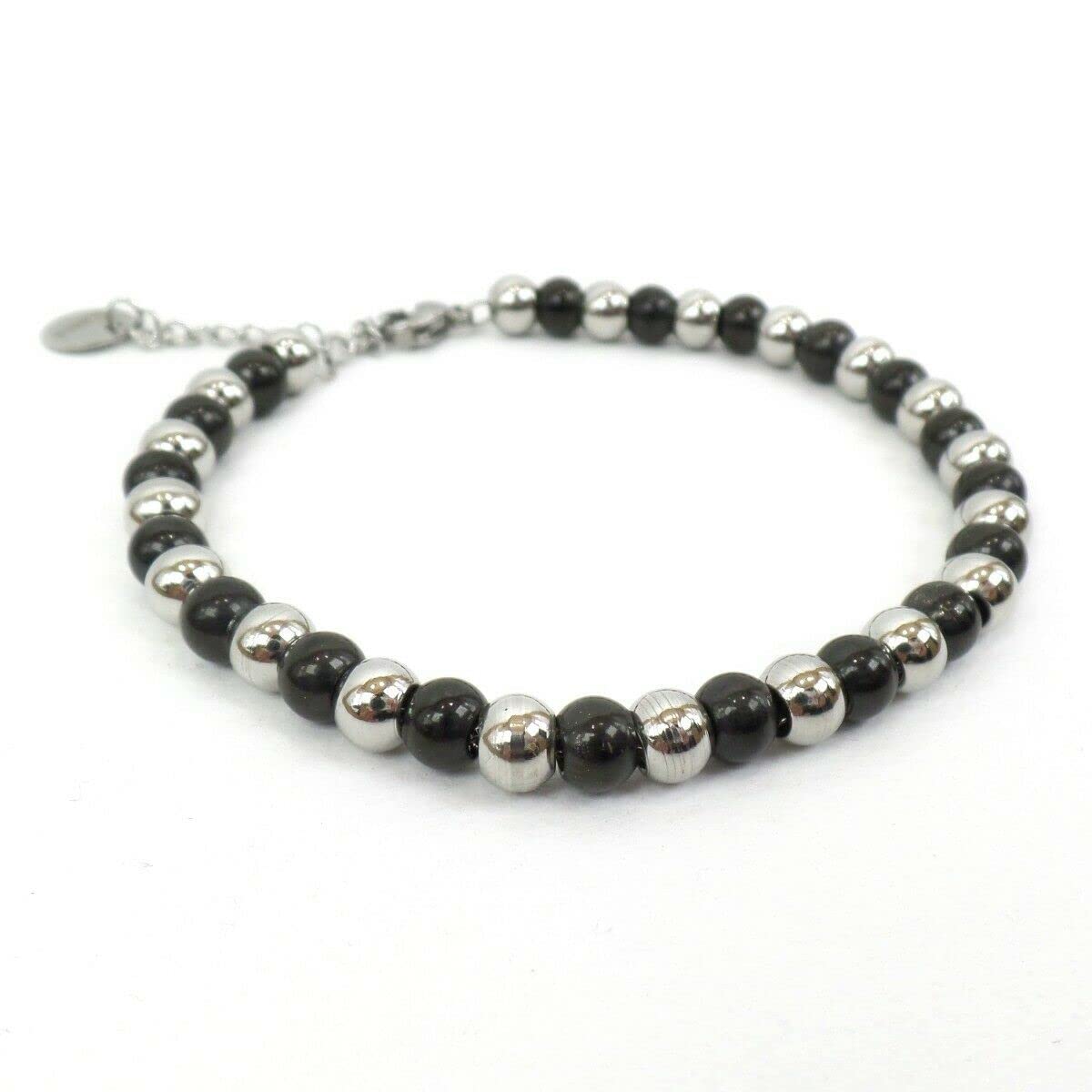 Habibi Jewels BRACCIALE UOMO DONNA SFERE 5 MM ACCIAIO INOSSIDABILE NERO E SILVER IDEA REGALO