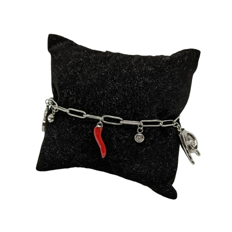 Habibi Jewels Bracciale in Acciaio da Donna con Sacro Cuore Corna Cornetto Portafortuna Braccialetto Scaramantico Chiusura Moschettone Cuore Compleanno Laurea Onomastico Festa della Mamma