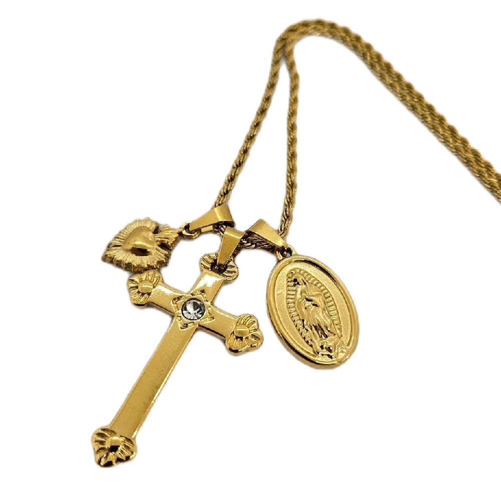 Habibi Jewels Collana Acciaio Croce Sacro Cuore Madonnina Gold Dorato con Collana Torchon Intrecciata per Donna Elegante e Moderna Festa della Mamma Compleanno Idea Regalo