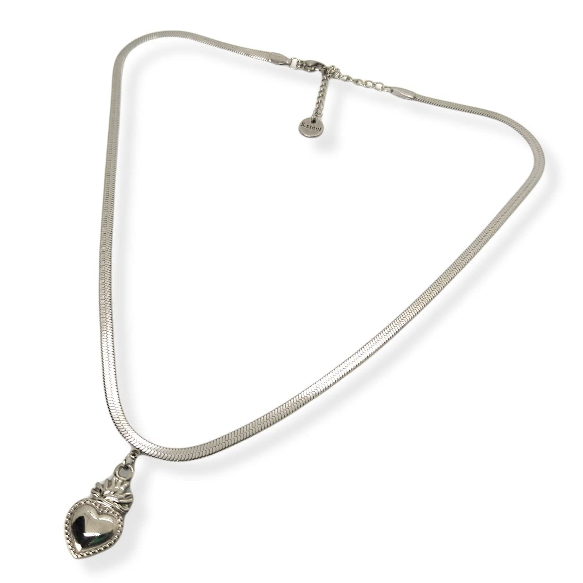 Habibi Jewels Collana da Donna in Acciaio Modello Piatto Snake con Ciondolo Sacro Cuore Ex Voto Idea Regalo Compleanno Festa della Mamma Natale